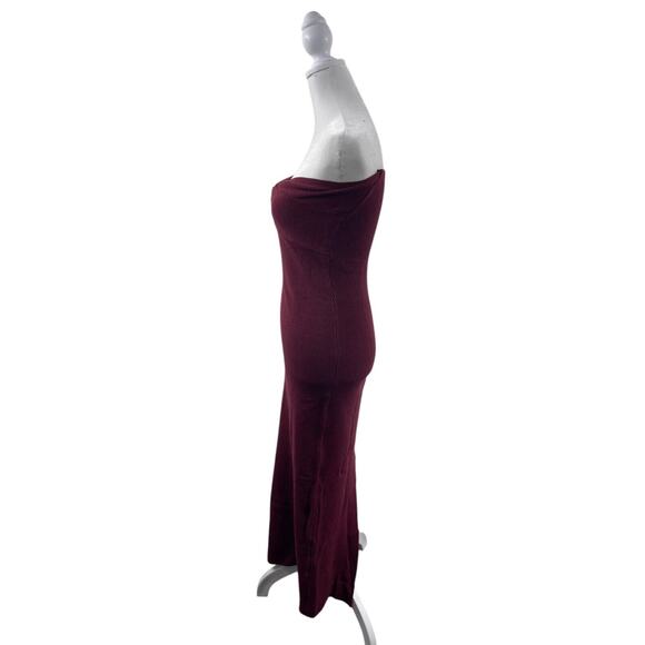 Burgundy Knit Strapless Bodycon Twist Front Tube Maxi Dress L Holiday Babydoll - Picture 3 of 5